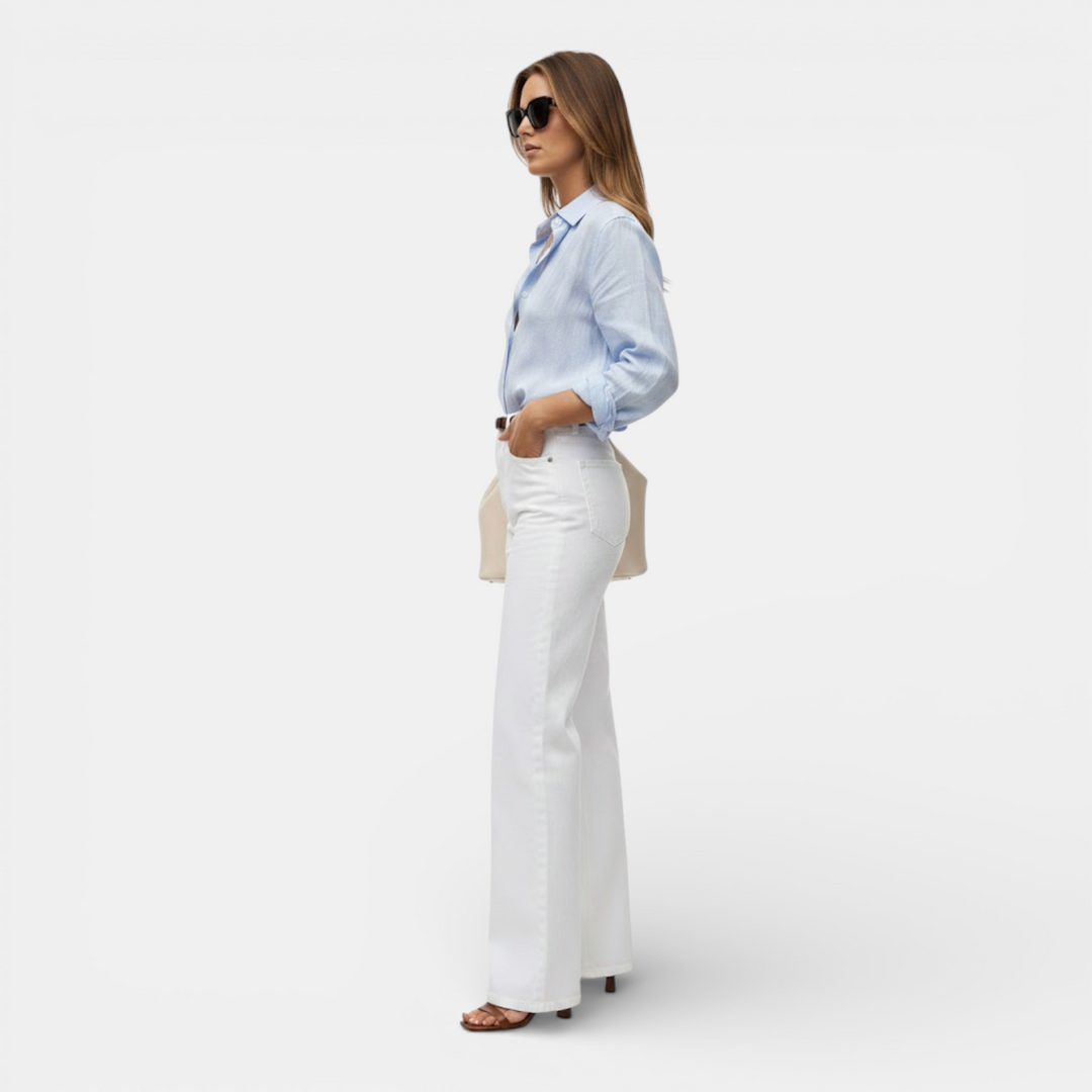 Navacava white wide leg pants full length — quiet luxury wardrobe essential
