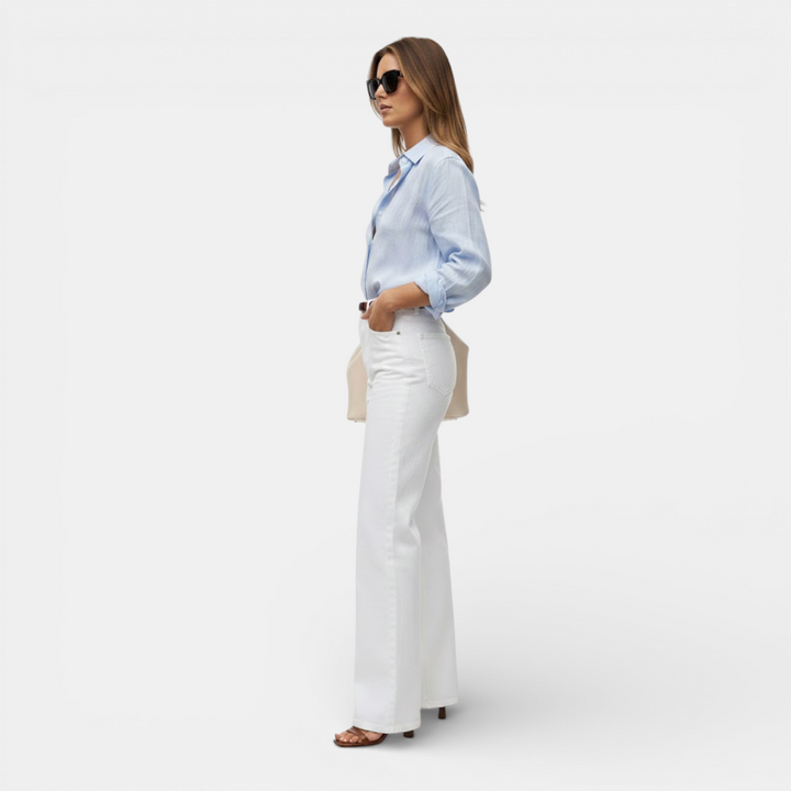 Navacava white wide leg pants full length — quiet luxury wardrobe essential
