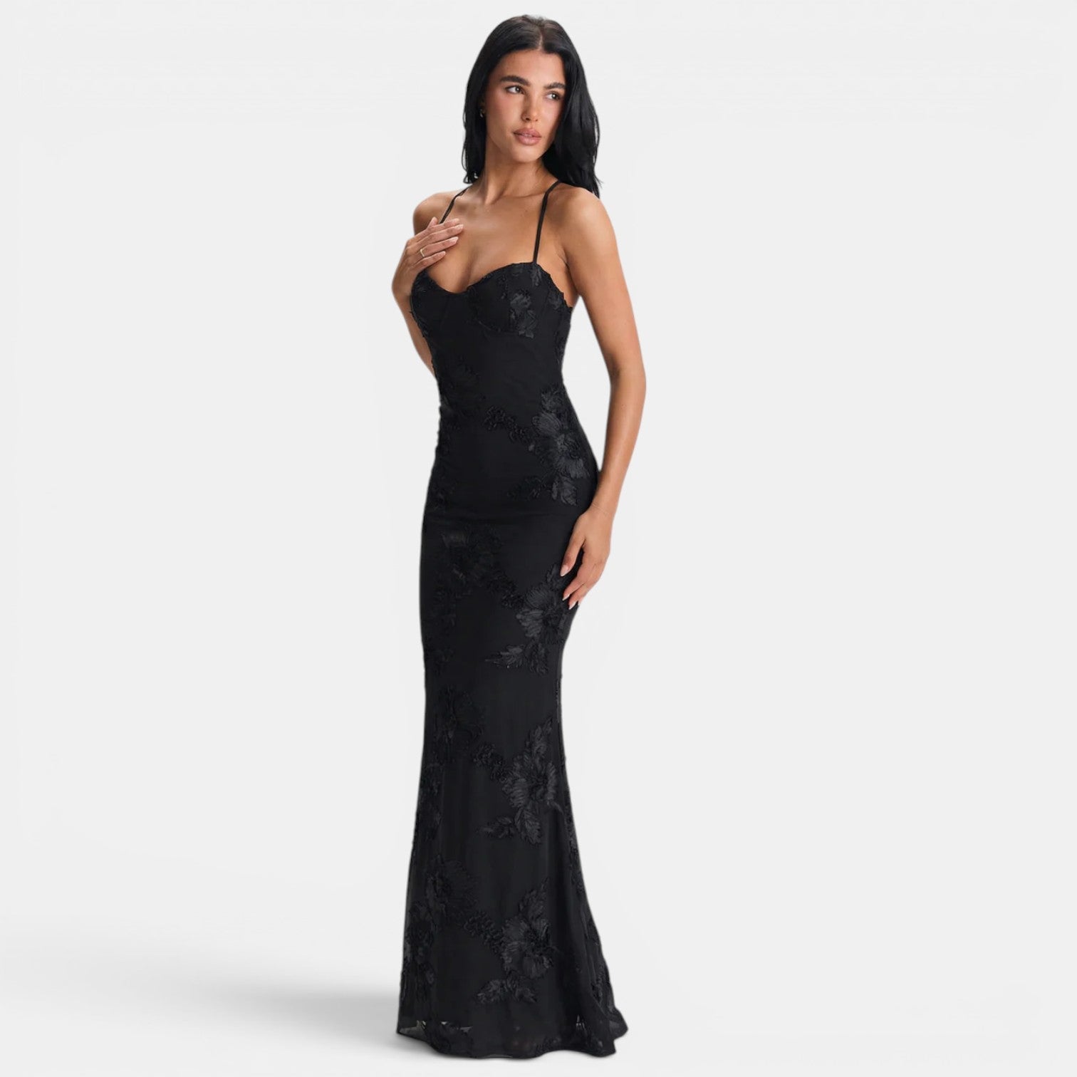 Navacava Women's Lace Maxi Open Back Evening Dress in black — timeless refined elegance