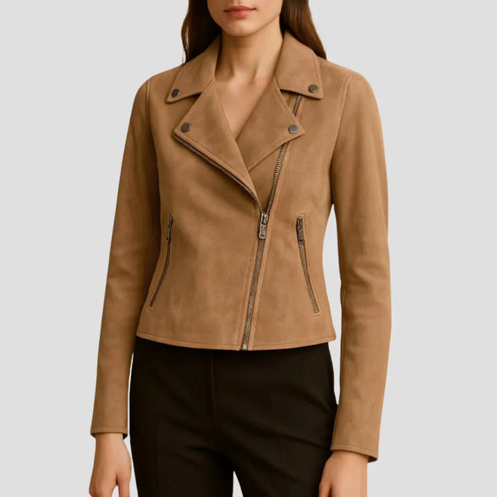 Navacava suede biker jacket front detail — refined moto-inspired tailoring