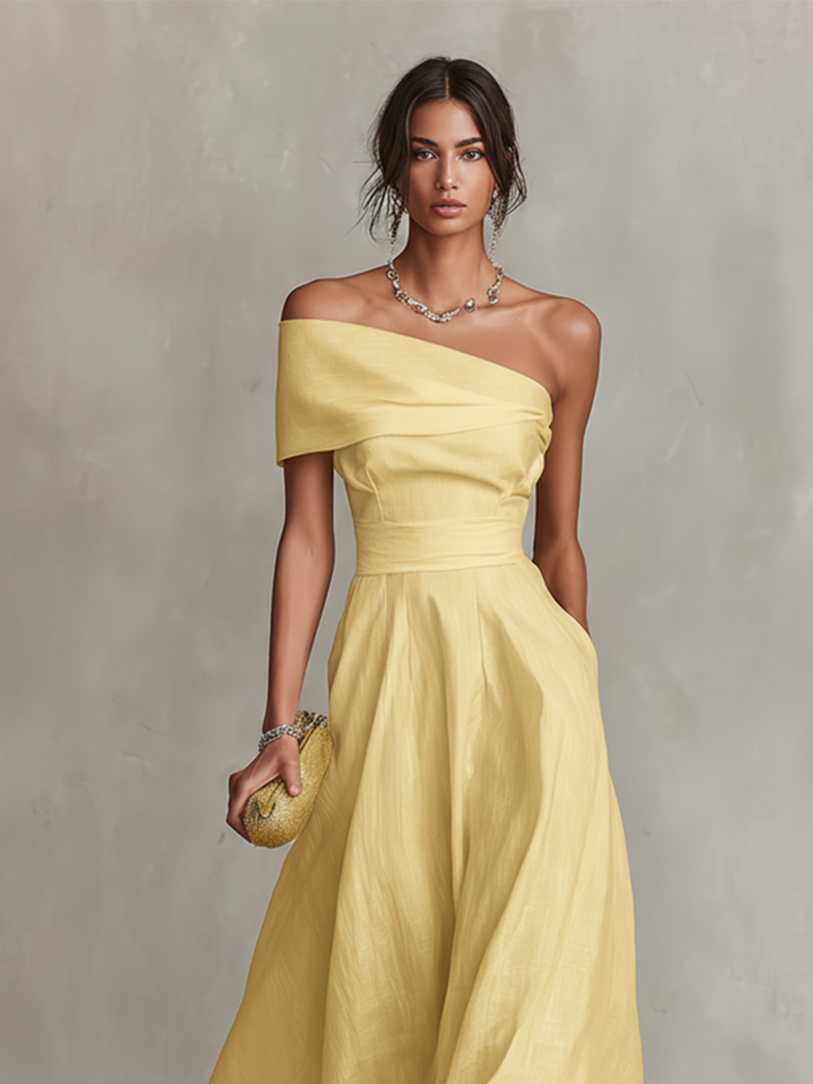 Soleil Yellow Linen One-Shoulder Fitted Waist Maxi Dress | Women&