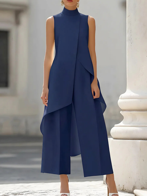 Miesuit Sleeveless High-Neck Tunic and Wide-Leg Trousers Suit