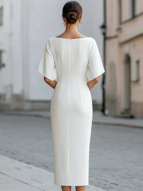 Miesuit Boat Neck Midi-length Fitted Dress Ruffled Sleeve
