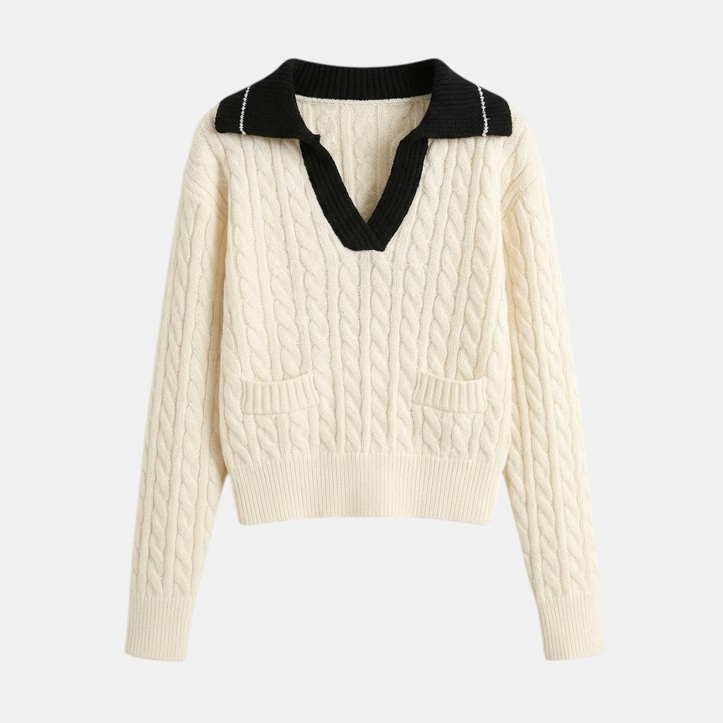 Navacava V-Neck Wide Collar Sweater in white — feminine old money knit