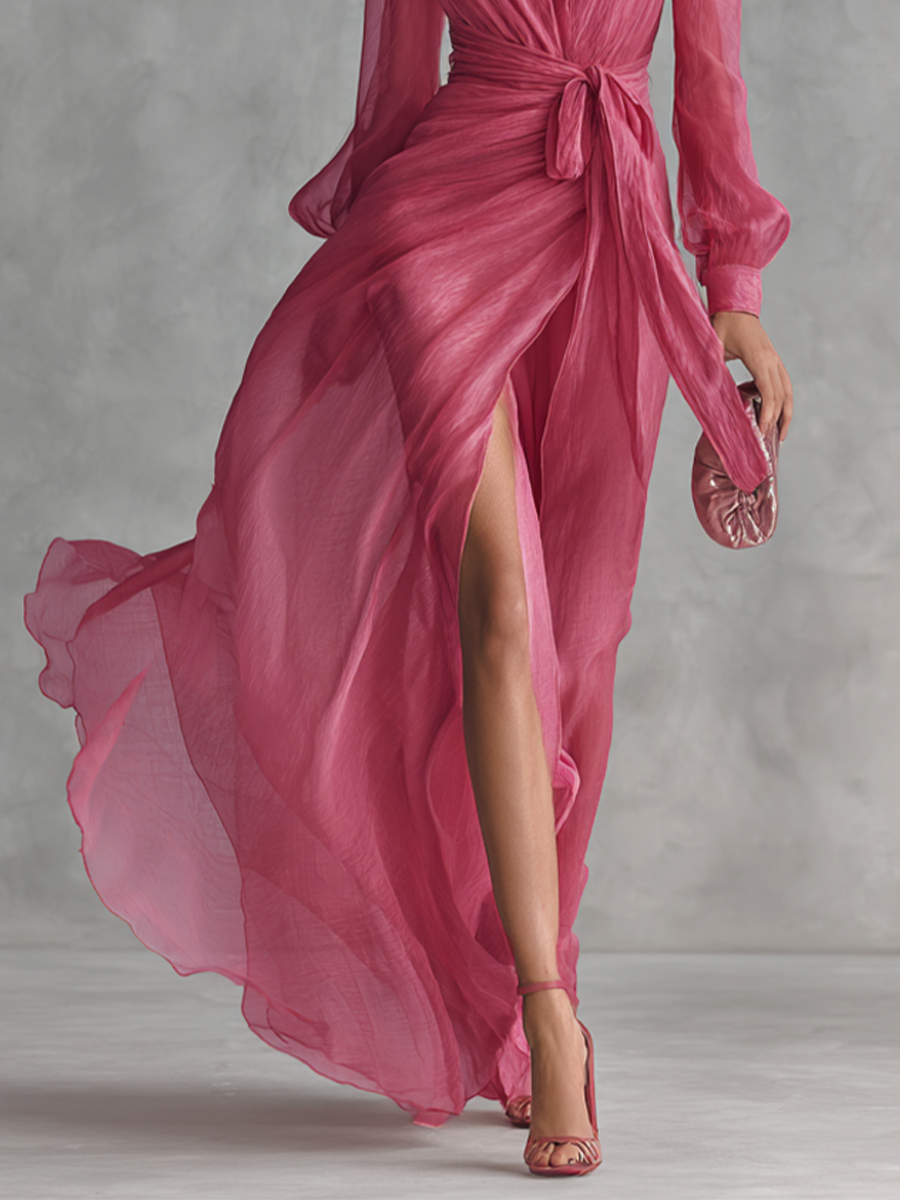 Rose Pearl Chiffon V-Neck Tie-Waist Maxi Dress | Women&