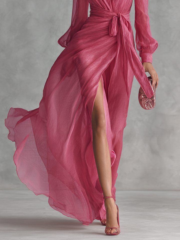 Rose Pearl Chiffon V-Neck Tie-Waist Maxi Dress | Women&