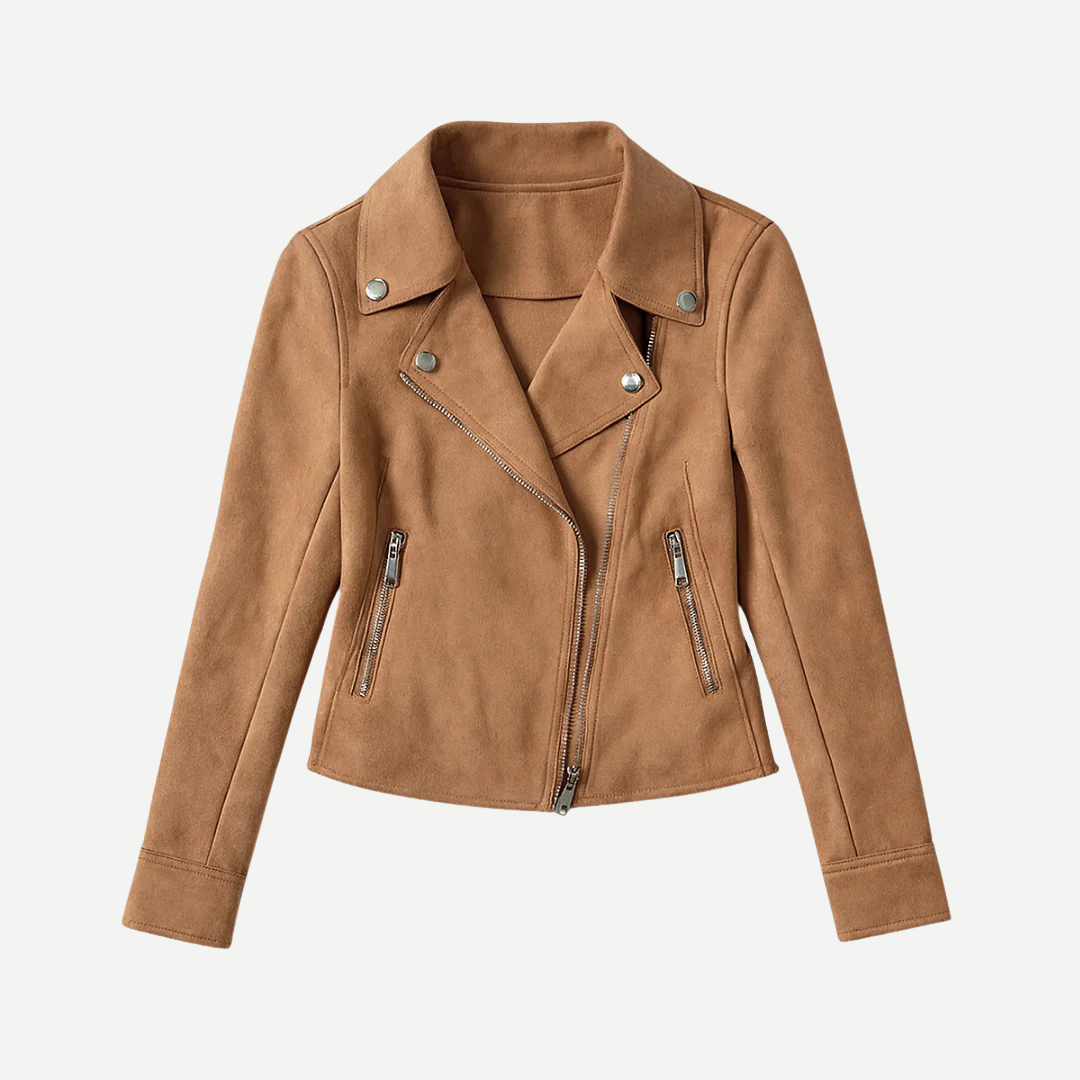 Navacava Women's Suede Biker Jacket in brown — heritage old money style