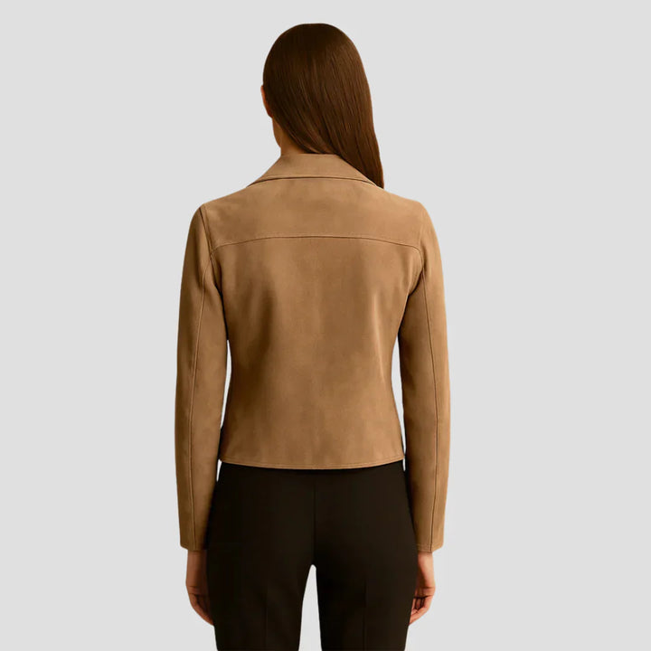 Navacava suede jacket back view — structured feminine silhouette