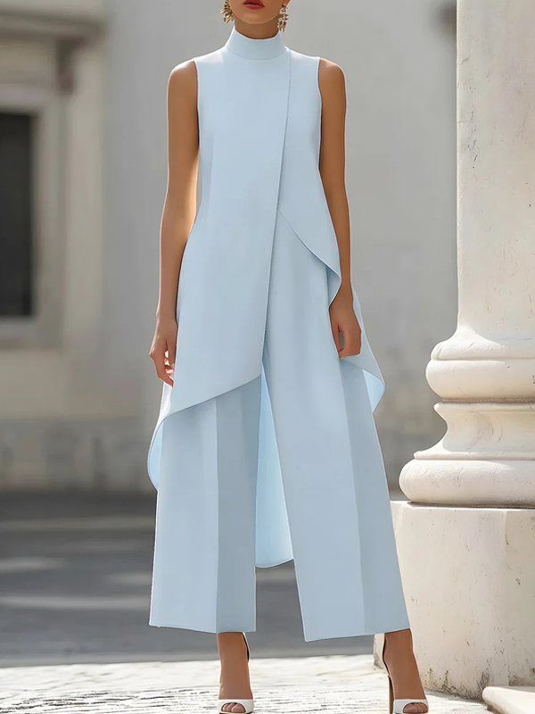 Miesuit Sleeveless High-Neck Tunic and Wide-Leg Trousers Suit