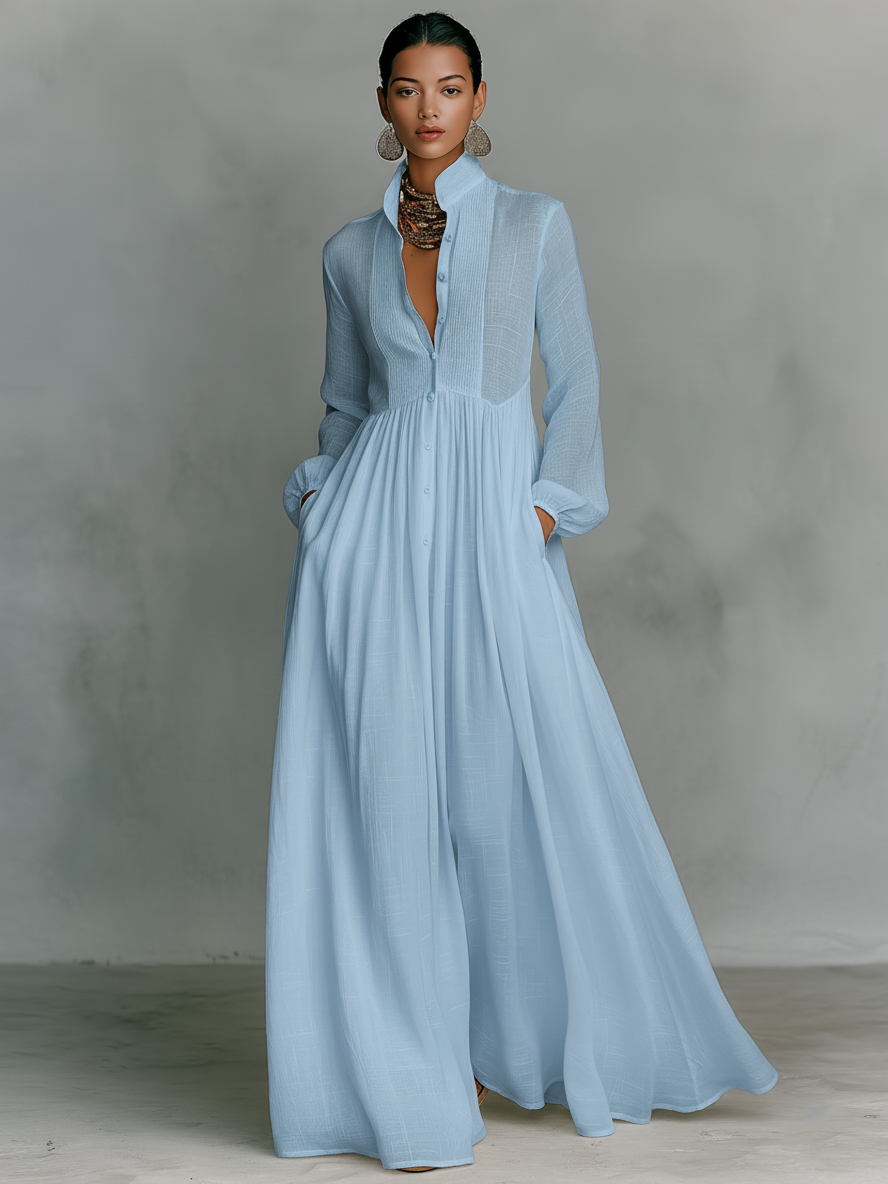 Maren Cotton-Linen Patchwork Stand-Collar Maxi Dress | Women&