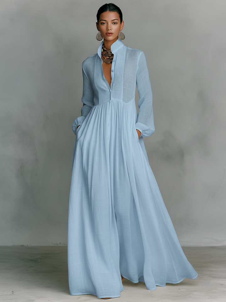 Maren Cotton-Linen Patchwork Stand-Collar Maxi Dress | Women&