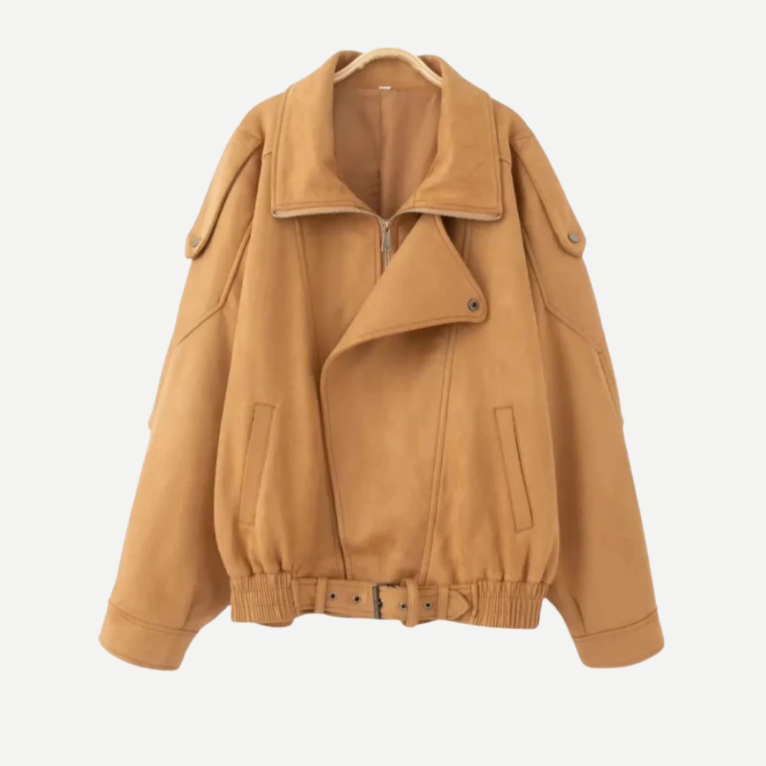 Navacava Oversized Suede Bomber Jacket in beige — quiet luxury outerwear