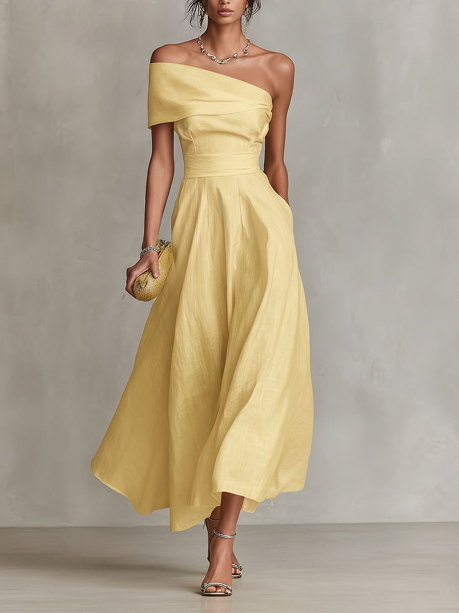 Soleil Yellow Linen One-Shoulder Fitted Waist Maxi Dress | Women&