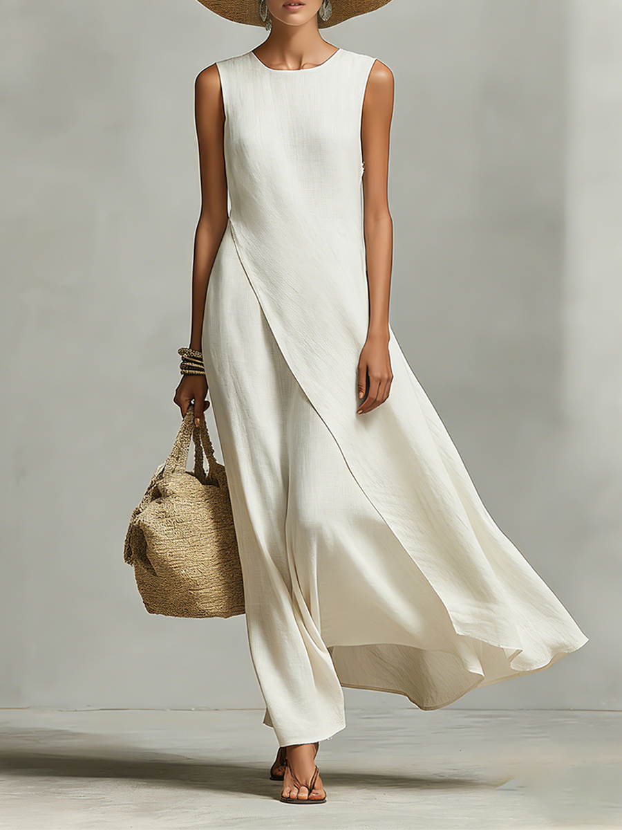 Ivory Linen Asymmetric Hem Sleeveless Maxi Dress | Women&