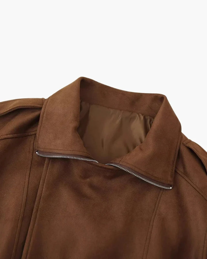 Navacava suede bomber jacket back view — relaxed elegant drape
