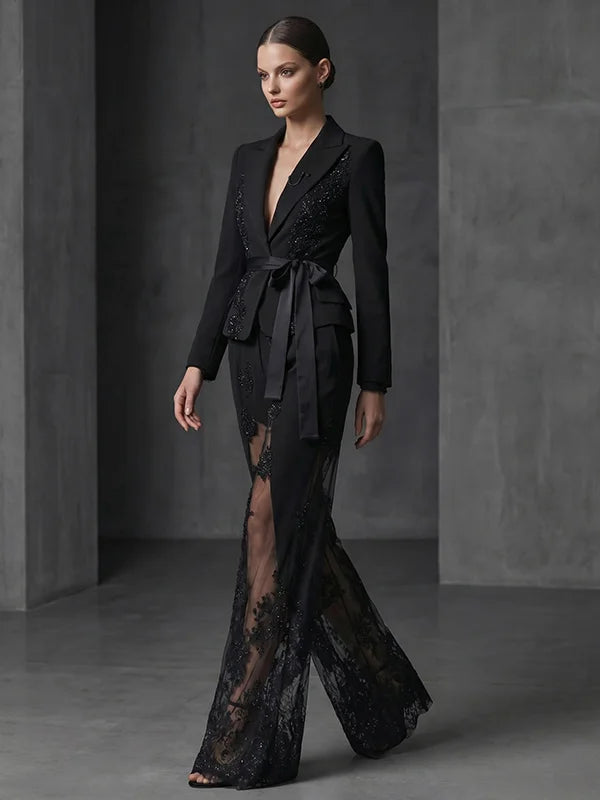 Miesuit Heavy Duty Lace-Trimmed Wide-Leg Blazer Pants 2-Piece Suit