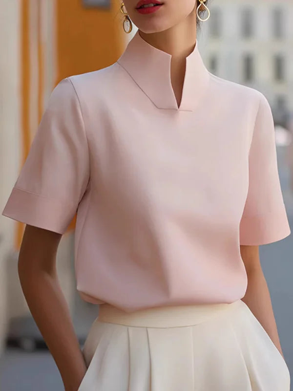 Miesuit Stand-collar Short-sleeved Top Split-hem Blended Fabric