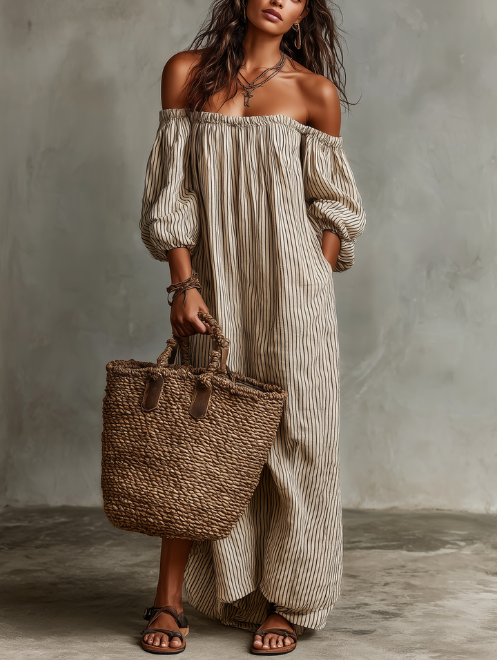 Breezy Off-Shoulder Cotton-Linen Vacation Maxi Dress | Women&