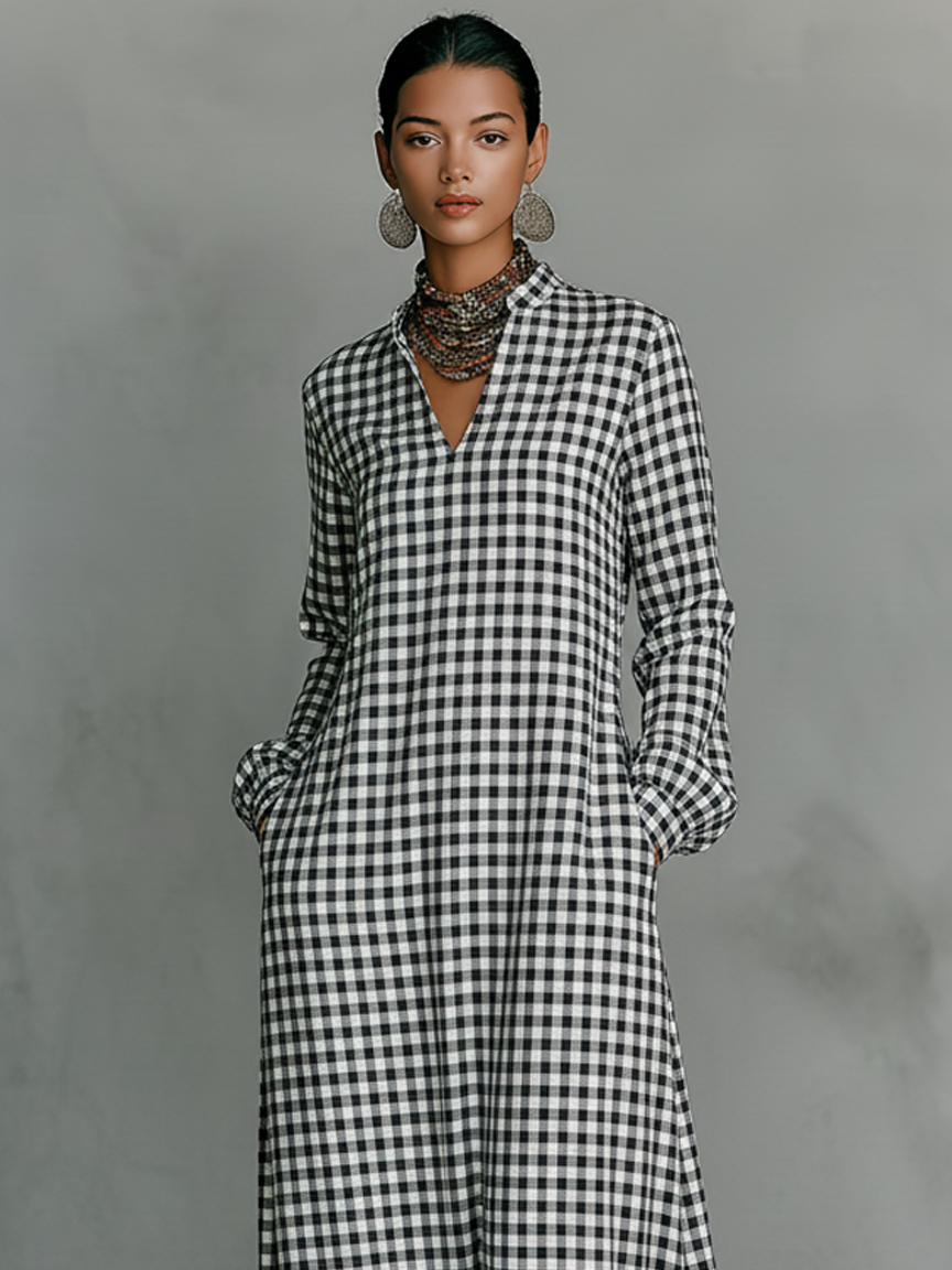 Waverly Cotton Plaid V-Neck Long Sleeve Maxi Dress | Women&