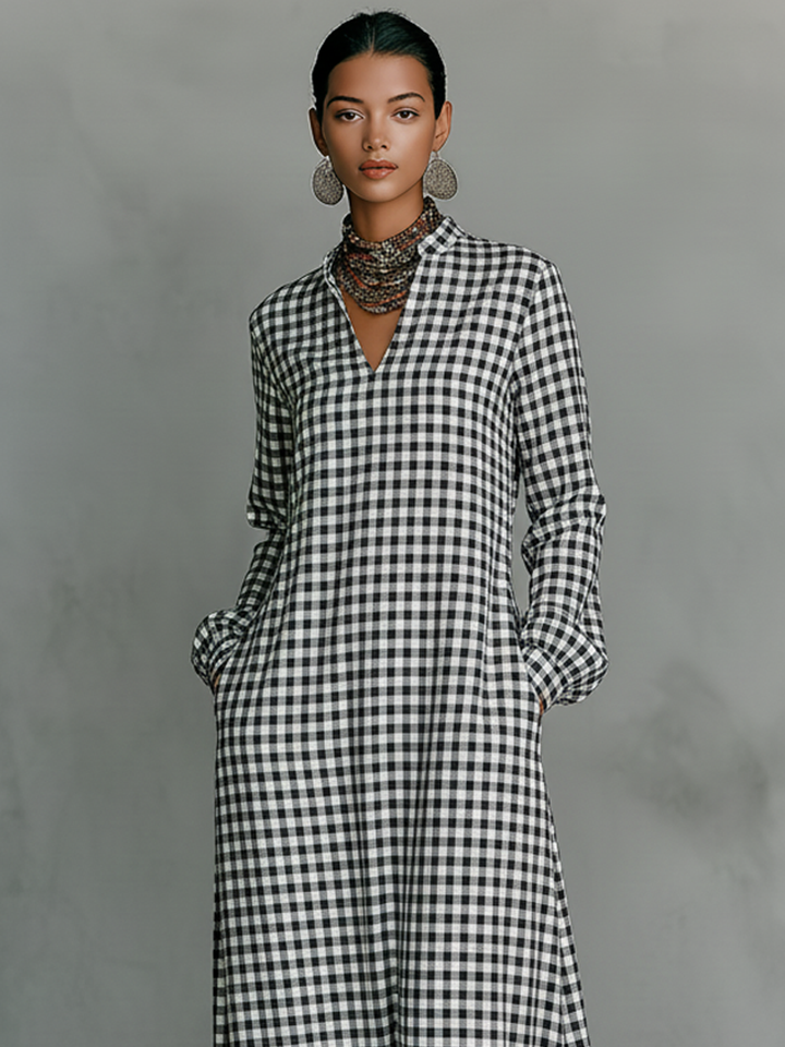 Waverly Cotton Plaid V-Neck Long Sleeve Maxi Dress | Women&