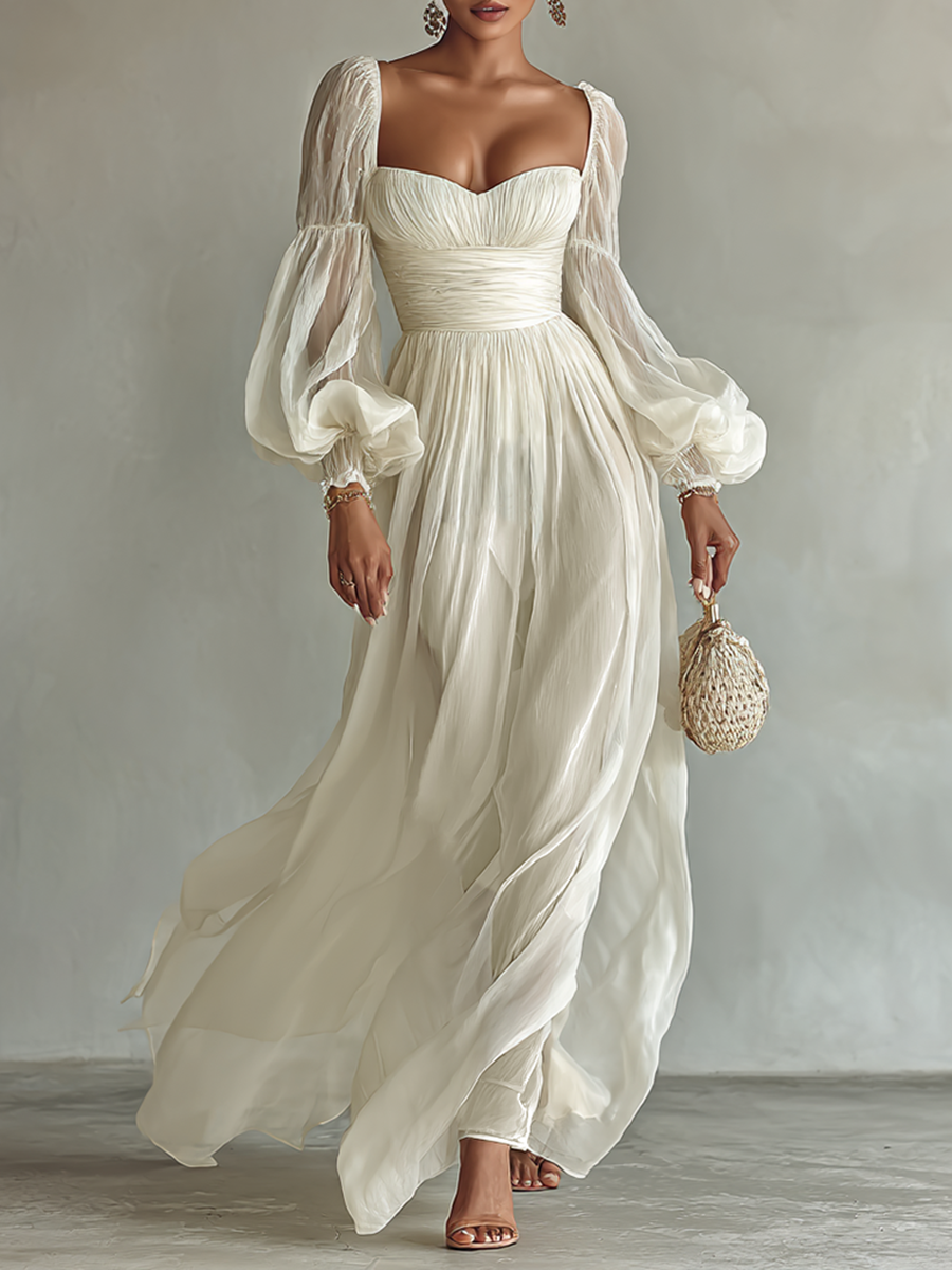 Celeste Chiffon Square-Neck Long Sleeve Waist-Cinch Maxi Dress | Women&