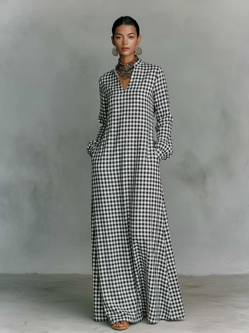 Waverly Cotton Plaid V-Neck Long Sleeve Maxi Dress | Women&