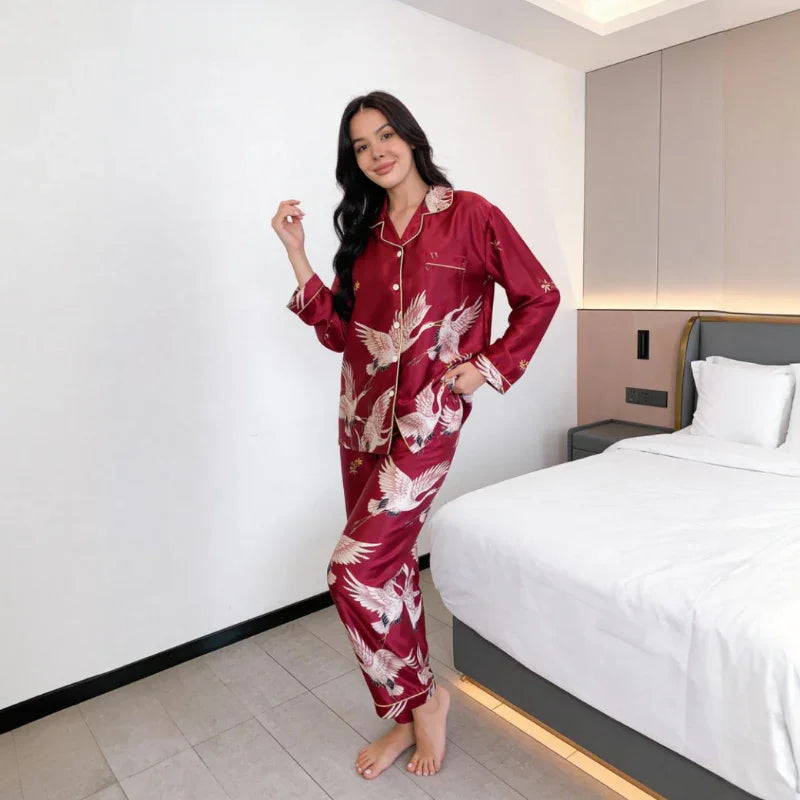 Crane-Print Satin Women&