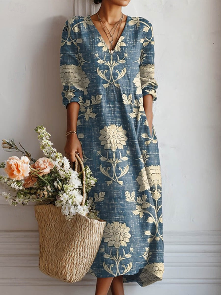 Cla Linen Floral V-Neck Pocket Midi Dress | Women&