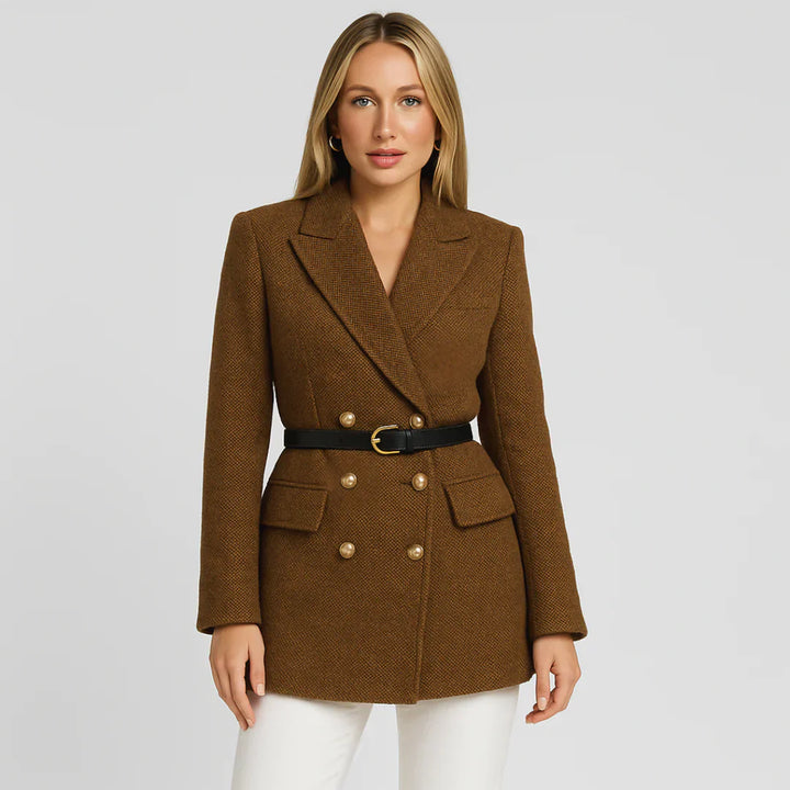 Navacava double-breasted tweed jacket back — structured feminine silhouette