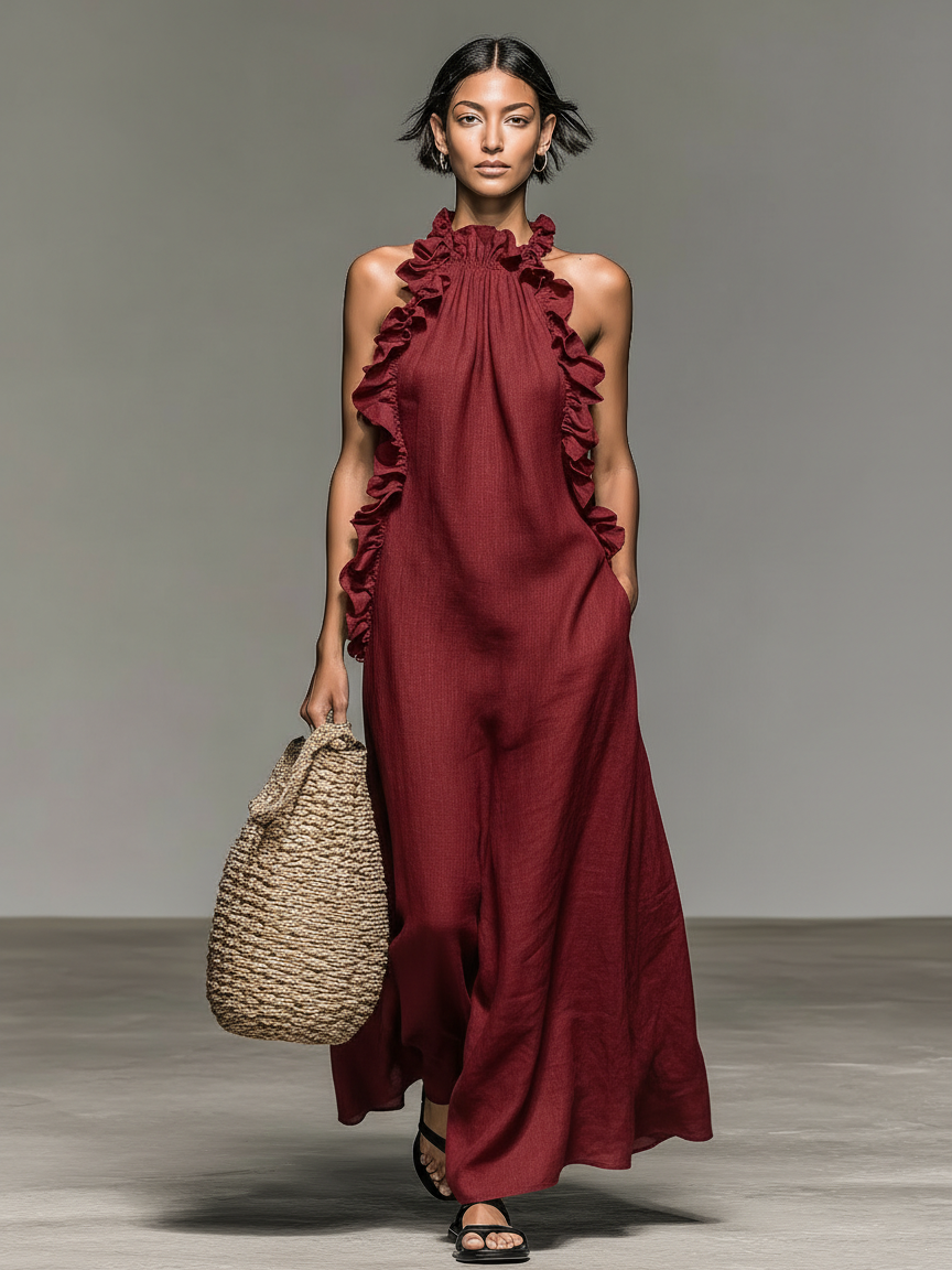 Dahlia Linen-Blend Ruffle Trim Sleeveless Maxi Dress | Women&