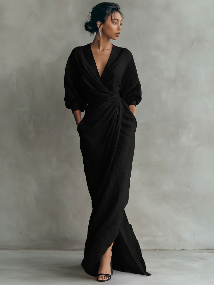 Priya V-Neck Linen Blend Relaxed Maxi Dress | Women&