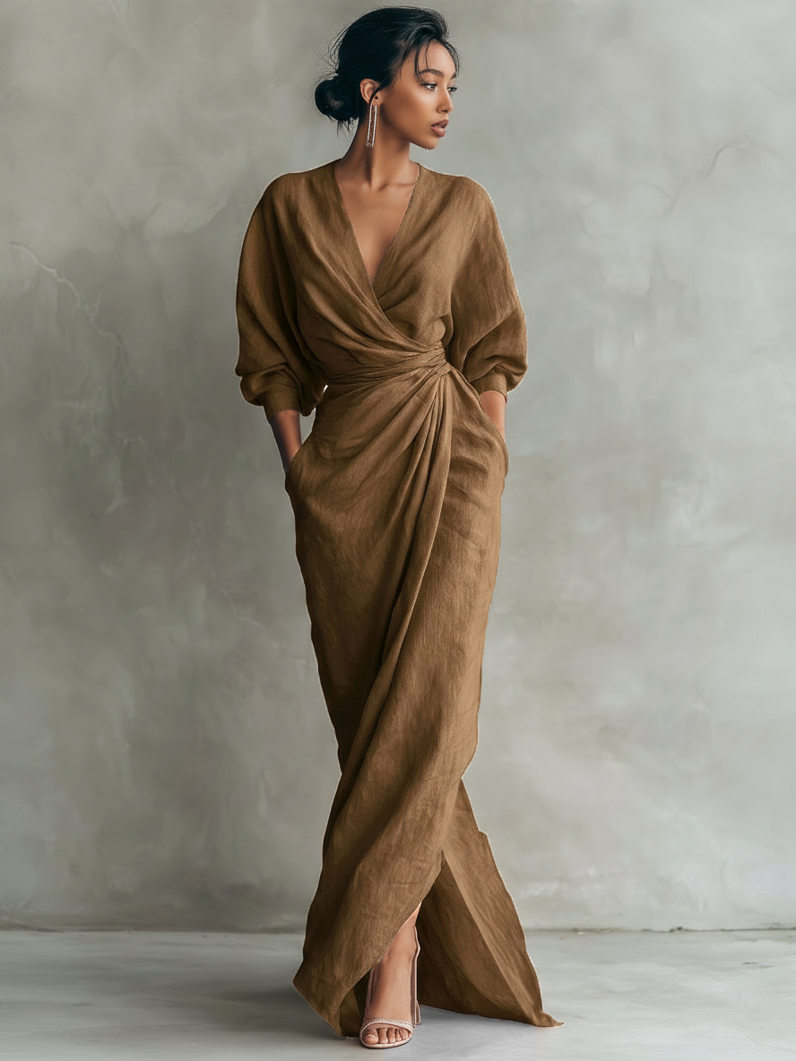 Priya V-Neck Linen Blend Relaxed Maxi Dress | Women&