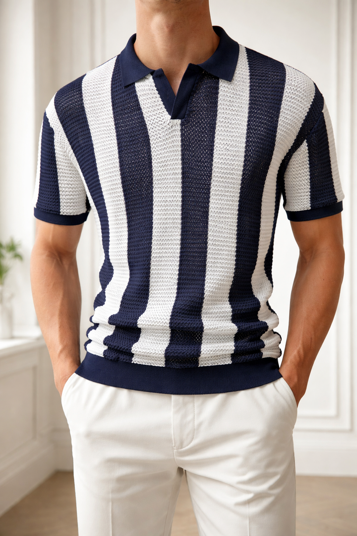 Gestreiftes Strick Poloshirt Herren Kurzarm Sommer Polo