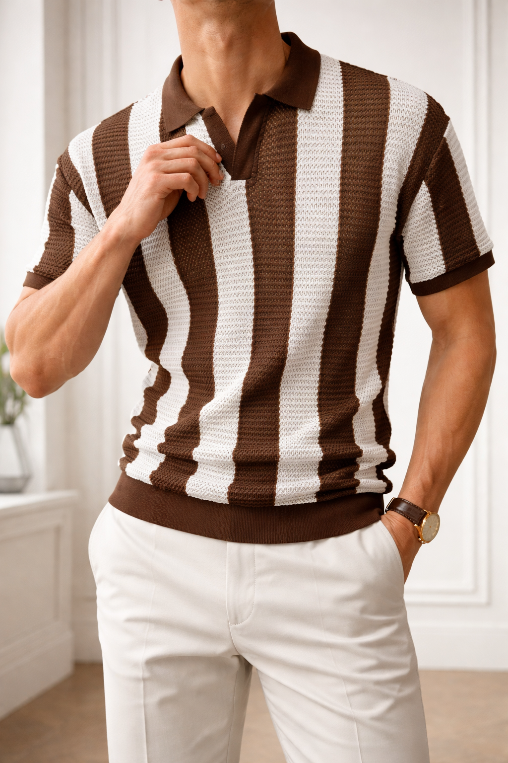 Gestreiftes Strick Poloshirt Herren Kurzarm Sommer Polo