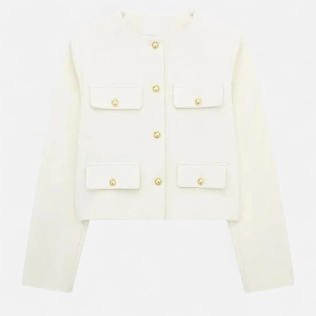 Navacava Savile Crop Blazer detail — refined lapel tailoring