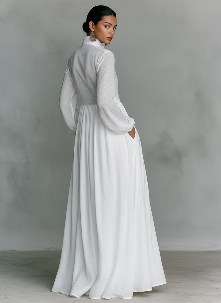 Maren Cotton-Linen Patchwork Stand-Collar Maxi Dress | Women&