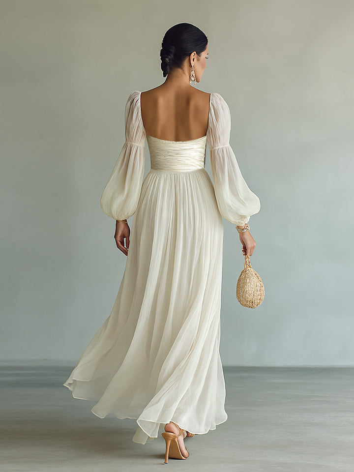 Celeste Chiffon Square-Neck Long Sleeve Waist-Cinch Maxi Dress | Women&