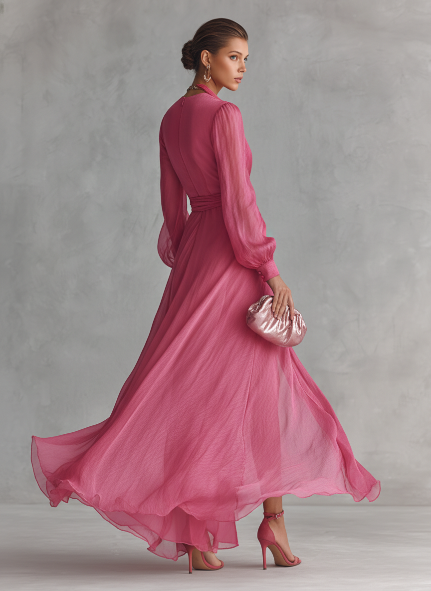 Rose Pearl Chiffon V-Neck Tie-Waist Maxi Dress | Women&