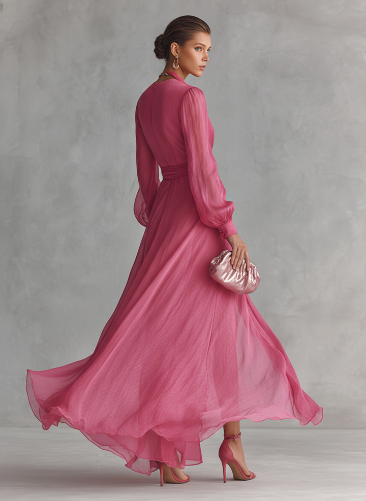 Rose Pearl Chiffon V-Neck Tie-Waist Maxi Dress | Women&