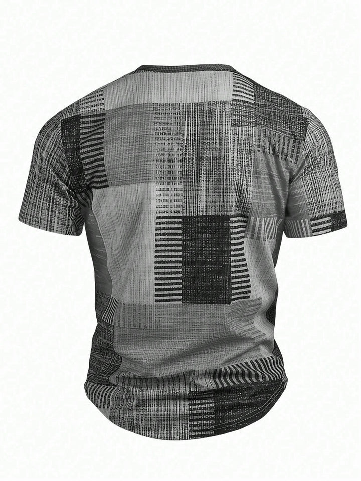 Kariertes 3D Print Henley Hemd Herren Kurzarm Sport