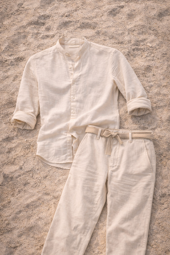 Leinen Zweiteiler Set Herren Grandad Hemd Hose Sommer