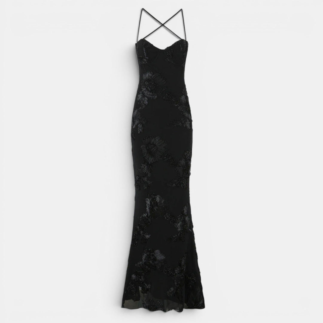 Navacava lace maxi dress back view — elegant open-back silhouette