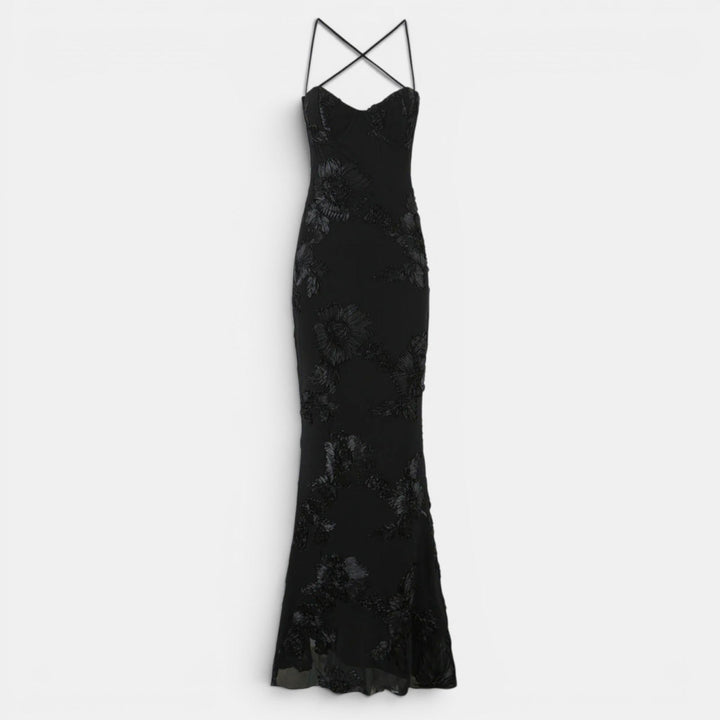 Navacava lace maxi dress back view — elegant open-back silhouette