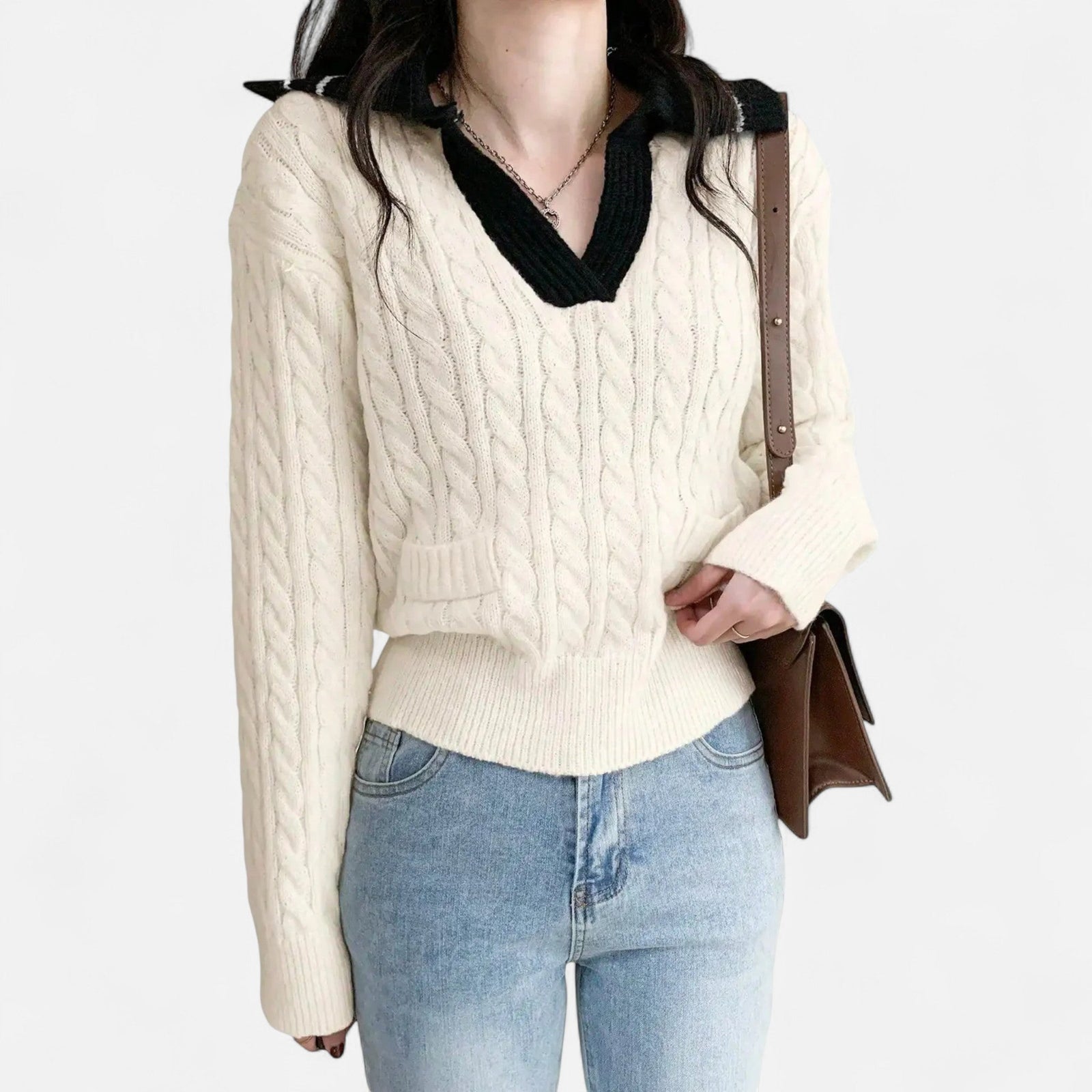 Navacava wide collar sweater detail — draped neckline, refined allure