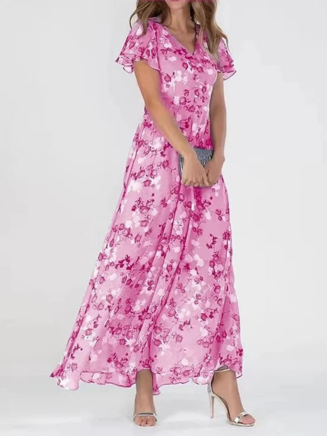 Rosette Chiffon Floral Flutter Maxi Dress | Women&