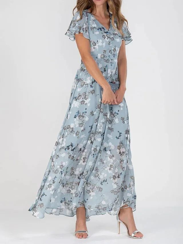 Rosette Chiffon Floral Flutter Maxi Dress | Women&
