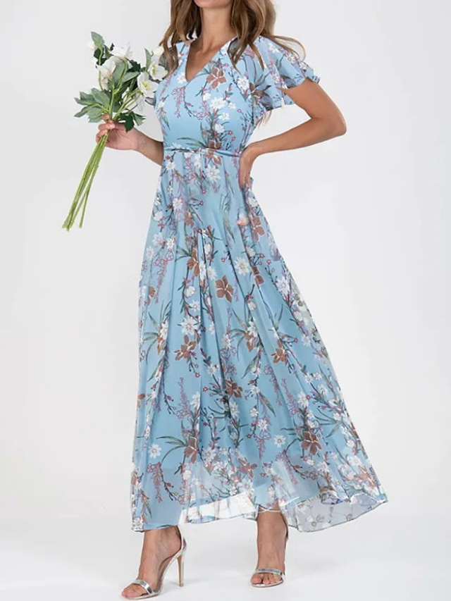Rosette Chiffon Floral Flutter Maxi Dress | Women&