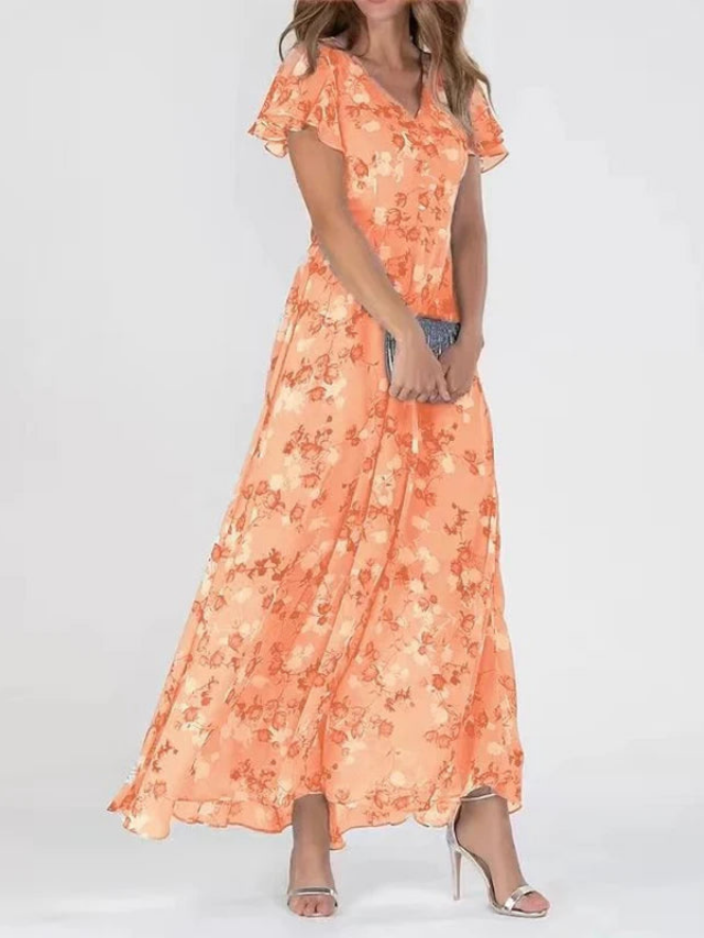 Rosette Chiffon Floral Flutter Maxi Dress | Women&