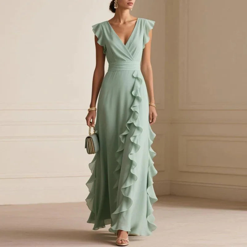 Patricia Ruffle Trim Deep V Maxi Dress | Women&