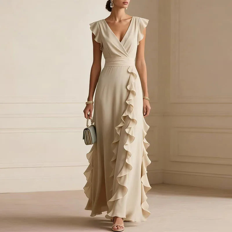 Patricia Ruffle Trim Deep V Maxi Dress | Women&